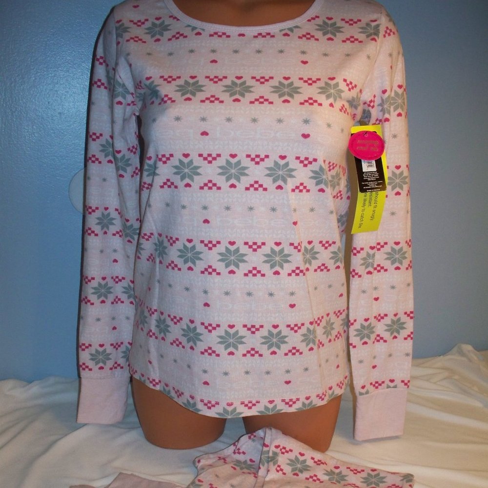 Bebe Pink Christmas Long John Top Bottom Pajamas Matching  Set SZ S NWT D10